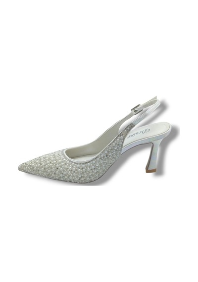 Desire 5012-26 Simli Saten İnci Taşlı İnce Topuk Kadın Stiletto 8,5cm Krem