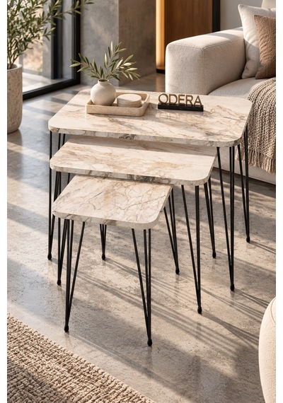 Odera Efes Ahşap Desenli Zigon Sehpa 3'lü Set Metal Tel Ayaklı Modern Retro Salon Sehpası Diğer