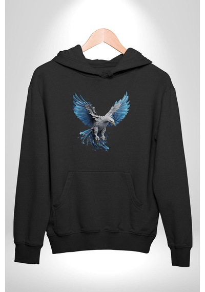 Mavi Beyaz Kartal Kuş Kadın Erkek Siyah Kapüşonlu Sweatshirt Hoodie Siyah