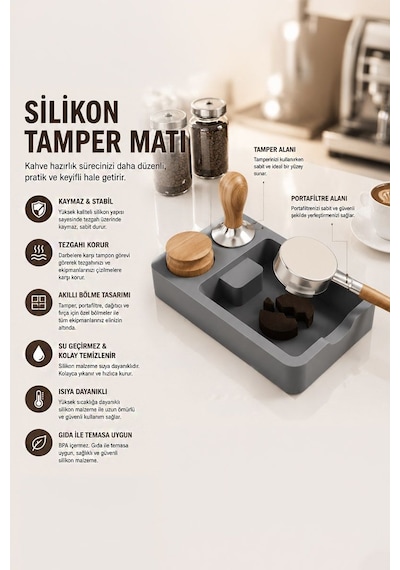 Kaymaz Silikon Kahve Mat İstasyonu Tamper Tutucu Knock Box Mt255 Gri