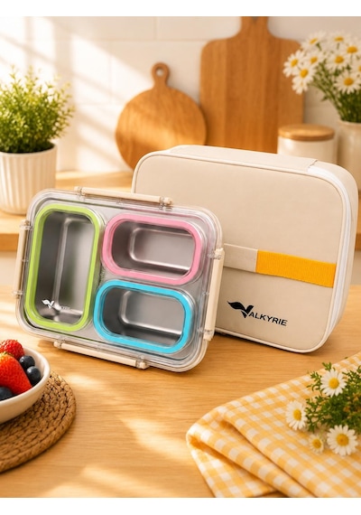 Valkyrie 3 Gözlü Paslanmaz Çelik Lunch Box Termal Taşıma Çantalı, Sızdırmaz Contalı 304 Çelik Bölmeli Yemek Kabı Çok Renkli