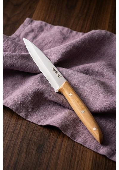 Bambum Gea 6'lı Bambu Saplı Steak Bıçağı Seti 21.5 Cm - Paslanmaz Çelik Lazer Tırtıklı Et Bıçağı