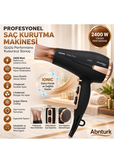 2400w Siyah Rose İyonik Profesyonel Saç Kurutma Makinesi-2 Kademeli Fan 3 Kademeli Sıcaklık Ayarlı Şık Tasarımlı Saç Kurutma Makinesi