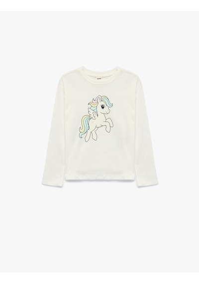 Koton Unicorn Baskılı Bisiklet Yaka Uzun Kollu Pamuklu Tişört Ekru 7wmg10131ak