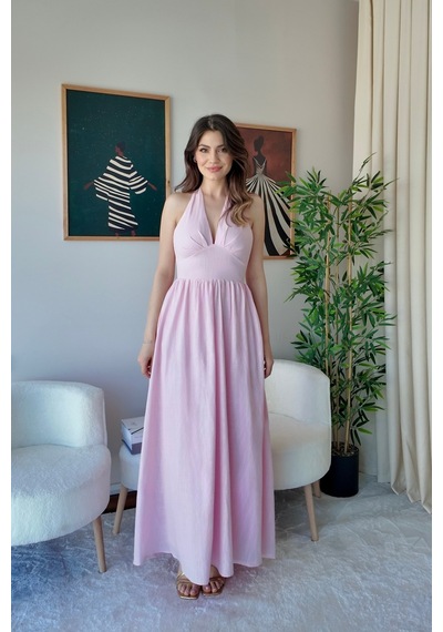 Meecy Kadın Sırt Dekolteli Maxi Elbise Göğüs Drapeli Yazlık Uzun Elbise Pembe Pembe