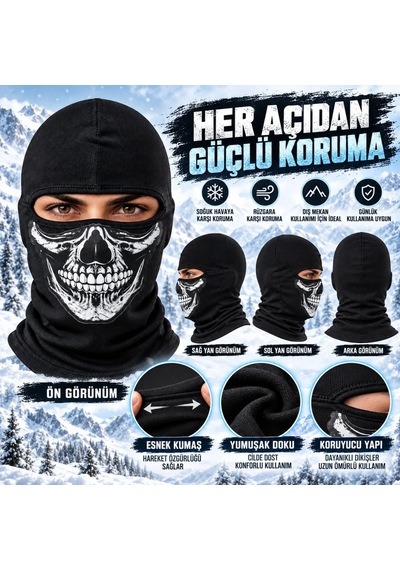 Womanandkids Wak Unisex Kurukafa Desenli Balaklava Kışlık Tam Yüz Maske Nefes Alan Esnek Kask Altı Boyunluk Siyah Set