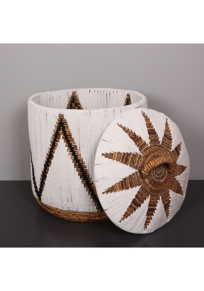 Söke Beyaz Makrome Ve Doğal Abaka - Kapaklı Sepet 52x50 Cm Beyaz