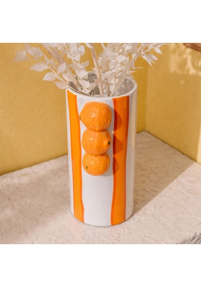 Deco Çizgili Portakal Vazo - Turuncu - 23x11 Cm Çok Renkli