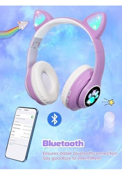 Kedili Patili A Kaliteli Kulaküstü Bluetooth Kulaklık Cat Kadın Kız Yetişkin Mikrofonlu Işıklı Kablosuz Kulaklık + Aux Hediye 50 x 22