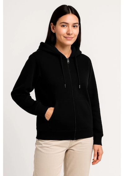 Novalisse Kadın 3 İplik Kapüşonlu Tam Fermuarlı Kanguru Cepli Sweatshirt Hoodie - Siyah Çoklu Renk