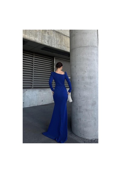Lior Design Kadın Şık Model Kayık Yaka Taş Detaylı Uzun Kollu Abiye Elbise Saks
