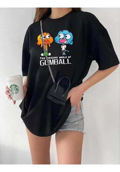 Kadın Bisiklet Yaka Baskılı Oversize T-shirt - Siyah 001