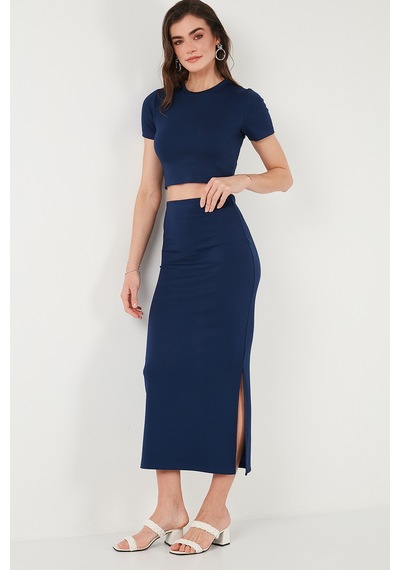 Lela Slim Fit Yırtmaç Detaylı Uzun Etekli Crop Bayan Takım 5866148 Lacivert