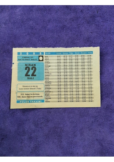 22 Nisan 2008 Takvim Yaprağı - Nostaljik Koleksiyonluk Takvim Yaprağı