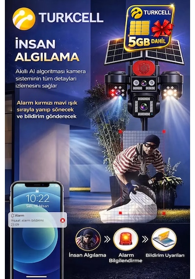 Onqam On-sg4474 12mp 4 Lens 4g Çift Solar Panel Hieasy Aov Sürekli Kayıt Gece Görüş Çift Yönlü Ses Turkcell Sim Kart