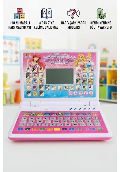 2'si 1 Arada 100 Fonksiyonlu Prenses Tasarımlı Pembe Türkçe Eğitici Oyuncak Laptop