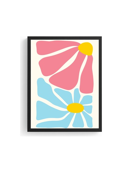 Doğal Ahşap Çerçeveli Retro Pop Art Çiçek Tablo - Pembe Mavi Floral Huhu2740
