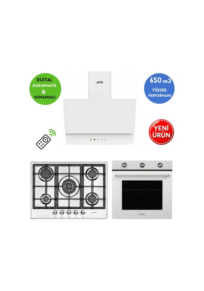 Eminçelik Ve AFM Tech Dalco 22380 - FM7601 - FM3401W 5 Gözlü Beyaz - Inox Ankastre Set