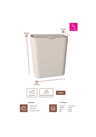 Flip 6 Lt Banyo Mutfak Tezgah Üstü Çöp Kovası - Bej-7358