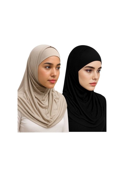 Aldaıyr 2 Adet Hijab 2 Parça Likra Kumaş Bej Siyah