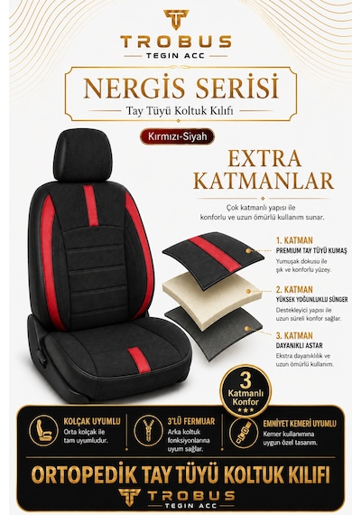 Renault Clio 5 2020 Ve Sonrası Uyumlu Nergis Serisi Kırmızı Oto Koltuk Kılıfı
