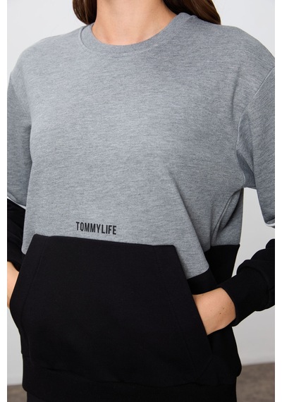 Tommy Life Gri Melanj Kompakt Pamuklu Kalın Pürüzsüz Dokulu O Yaka Oversize Fit Kadın Sweatshirt - 97289 Gri Melanj