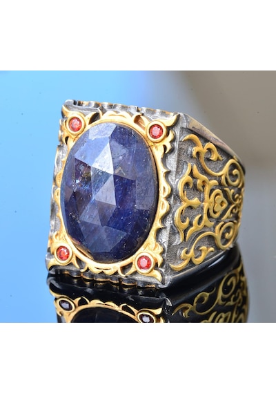 Erkek Sterlin Gümüş Sultan Yüzük - Doğal Safir Taşı Gümüş