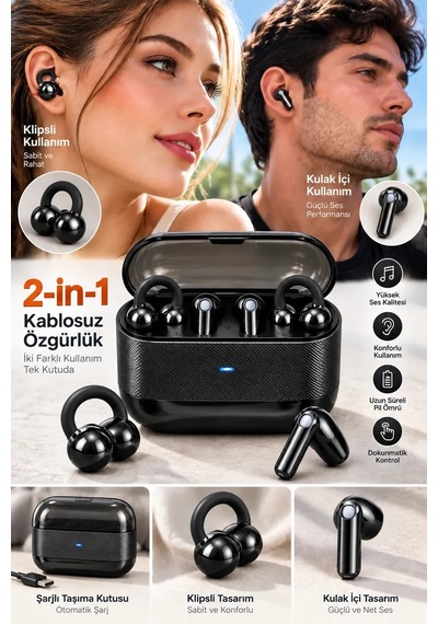 4 Kulaklıklı 2 Si 1 Arada Kablosuz Bluetooth Kulaklık Klipsli Kulak İçi Siyah ..