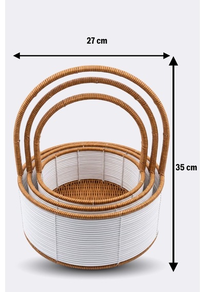 3 Parça Çok Amaçlı Rattan Sepet Seti Modern Beyaz Seri Beyaz