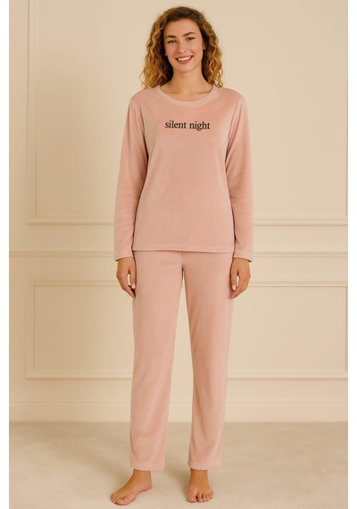 Pemilo Kadın 13166-2541 Uzun Kol Kadife Pijama Takımı Somon SOMON