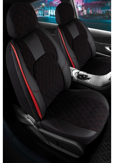 Fiat Linea Dynamic Uyumlu Lüx Yarı Deri Oto Koltuk Kılıfı Ön Arka Takım Chester Siyah Kırmızı