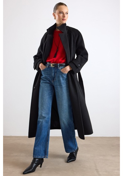 Olcay Dik Yaka Pat Detaylı Oversize Kaban Siyah 3177