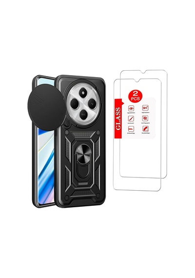 Xiaomi Redmi 14c Uyumlu Kılıf 2 Adet Ekran Koruyucu Dahil, Siyah Tank Düzey Koruma Mıknatıslı Stand Kame Diğer