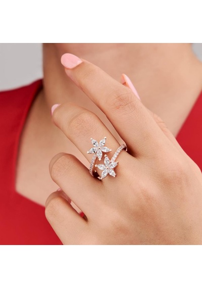 Rose Kaplama Beyaz Zirkon Taşlı Çiçek Motif Gümüş Bayan Yüzük