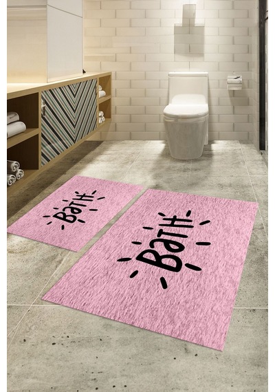 Buççin Online Mağaza Dijital Baskılı Kaymaz Yıkanabilir Bath İkili Banyo Takımı Klozet Takımı Polyester Pembe Çok Renkli