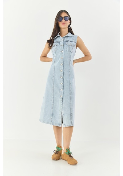 Shade Kadın Belden Oturan Cepleri Kapaklı Sıfır Kollu Düğmeli Denim Elbise 3575 60283288 - Buz Mavisi