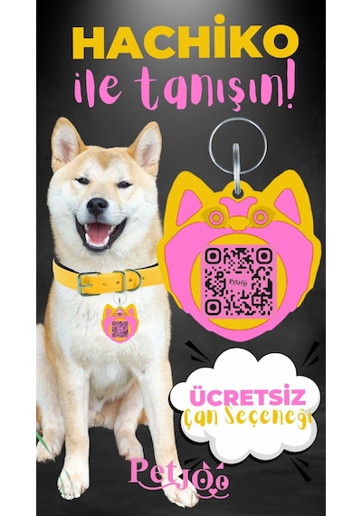 Petjoo 19.Hachiko Pembe-Sarı Qr'lı Köpek Künyesi