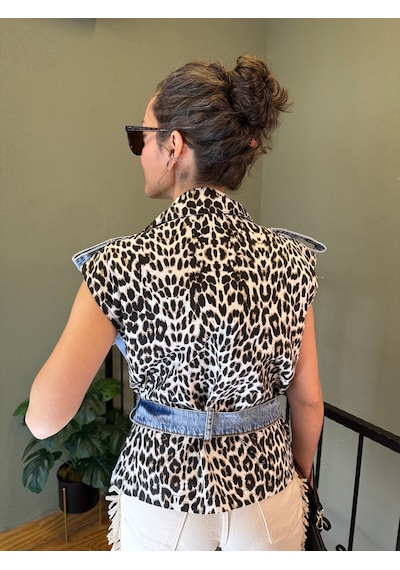 Ali Butik Leopar Detaylı Denim Yelek