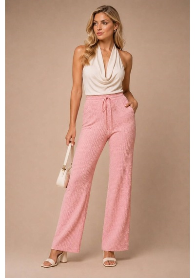 Moda Banuş Bürümcük Kumaş Beli Lastikli Pantolon Pembe
