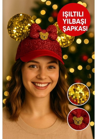 Işıltılı Kırmızı Payetli Yılbaşı Şapkası Altın Kulaklı, Kurdele Ve Ayıcık Figürlü Parti Aksesuarı