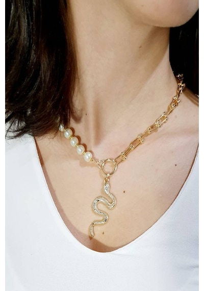Incili Yılan Objeli Tifanny Zincir Kolye Gold 463951686