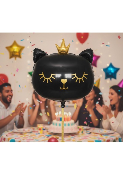 66 Cm Grabo Siyah Kedi Kafası Taçlı Folyo Balon - Doğum Günü Parti Dekorasyon Balonu Çok Renkli
