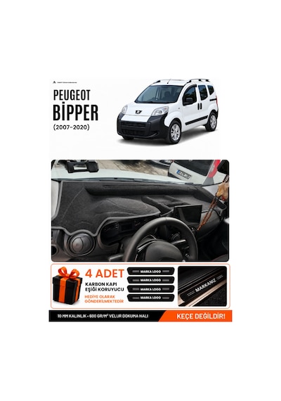 Peugeot Bipper Tam Kapalı 2007-2020 Uyumlu Torpido Örtüsü, Torpido Kılıfı - Siyah Gri