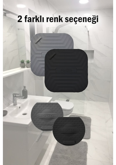 2'li Set Gri Kare Silikon Gider Koku Önleyici Kapak Ve Evye Lavabo Süzgeci