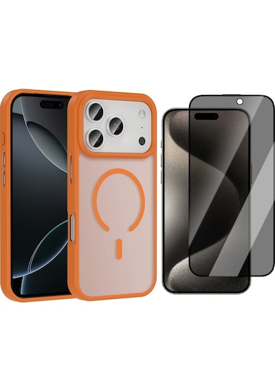 Vendas Apple Uyumlu iPhone 17 Pro Max Kılıf M-safe Şarj Özellikli Mat Arka Yüzey Zore Sio Kapak + Hayalet Ekran Koruyucu Turuncu