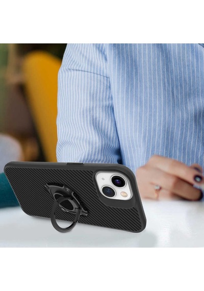 Apple Uyumlu iPhone 13 6.1 - Kılıf Yüzüklü Karbon Koruyucu Kapak