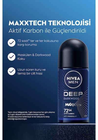 Men Erkek Roll-on Deodorant Deep Dimension Aktif Karbon 50ml, 72 Saat Anti-perspirant Ter Koruması