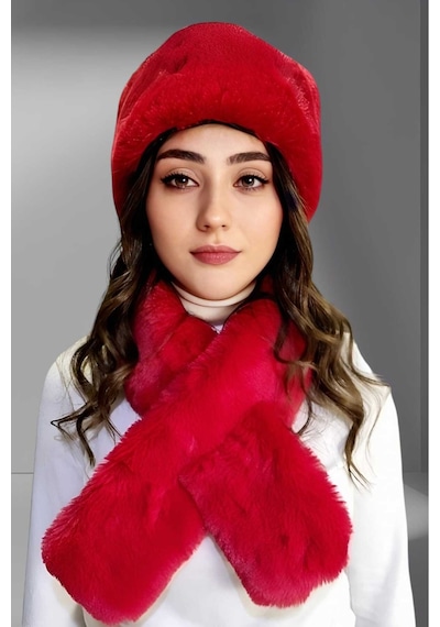 Tezzgelsin Kadın Vegan Kürk Kalpak-atkı Set Kırmızı