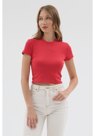 Urbantrendstore Kadın Bisiklet Yaka Likralı Kısa Kol Body Crop Bluz Günlük Şık Sade Yazlık Casual Crop Kadın Crop Kırmızı