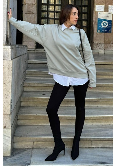 Boyalı Gri Bisiklet Yaka Basic Sweatshirt Mg2185